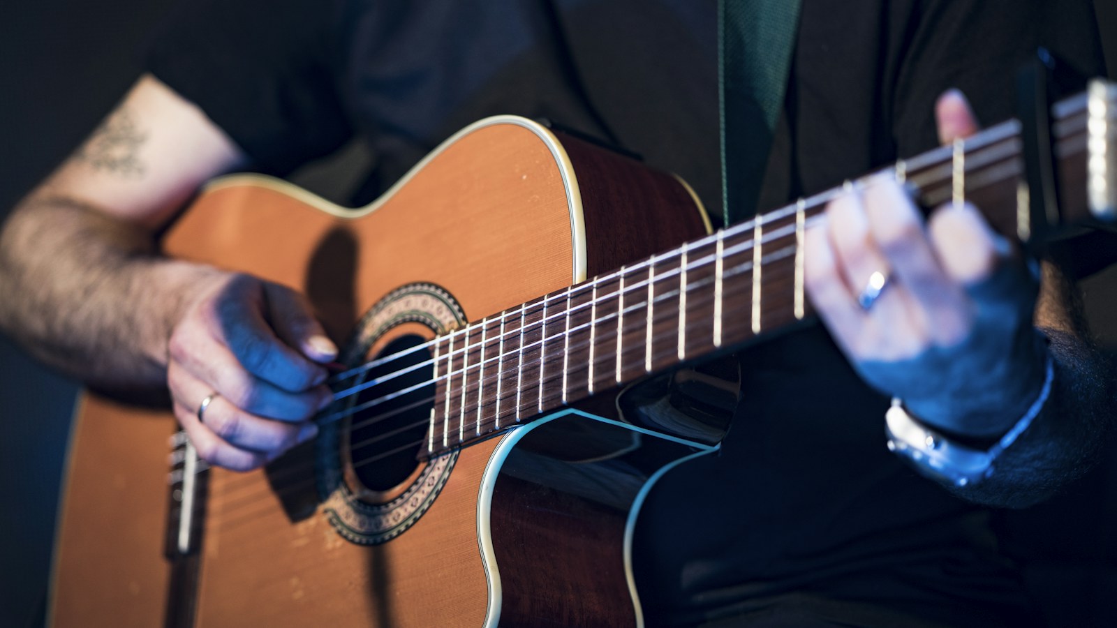 Close-up of hands playing an acoustic guitar